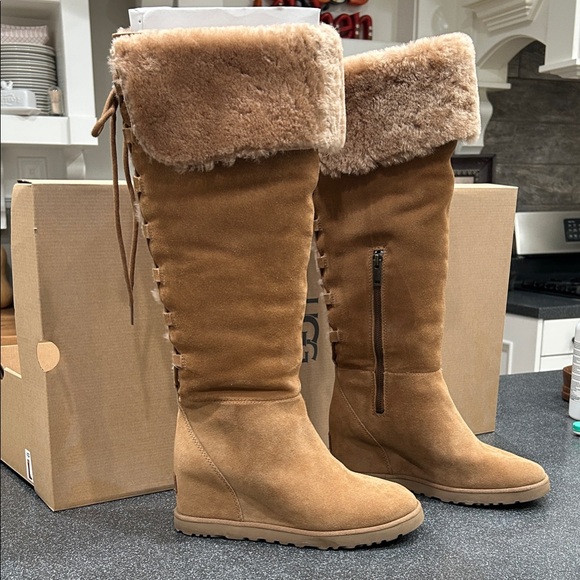 UGG Tan Over the Knee Boots with Fur Trim - Picture 4 of 7